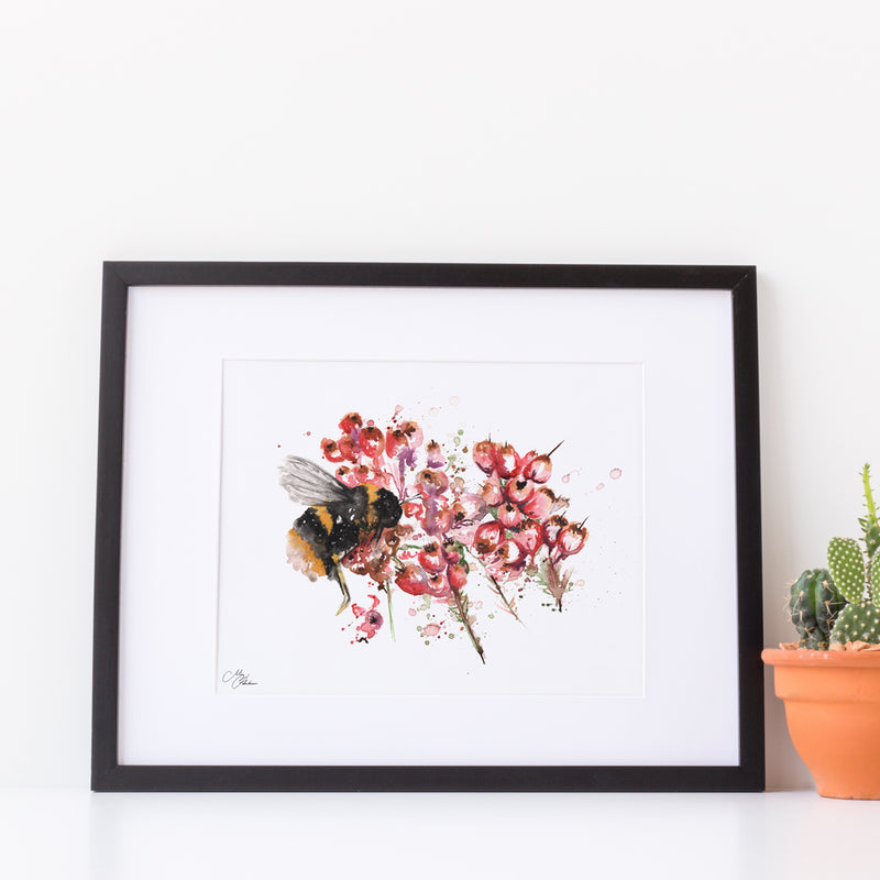 Bee on Heather, Water colour A4 Mounted print with 14 x 11" Mount (Frame not included) By Meg Hawkins