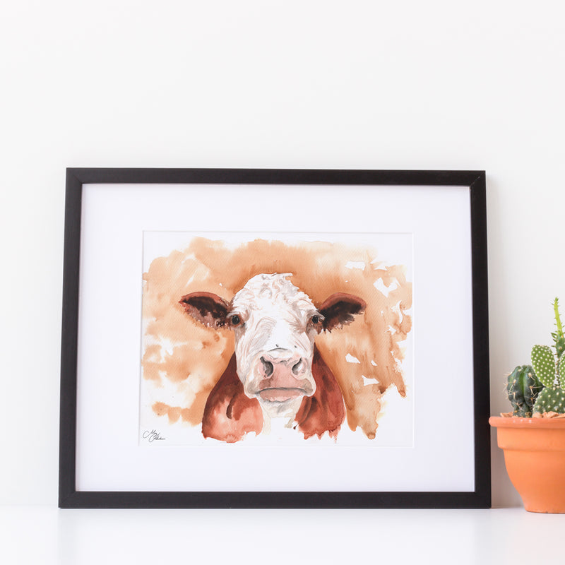 Herefordshire cow A4 Mounted print with 14 x 11" Mount (Frame not included) By Meg Hawkins