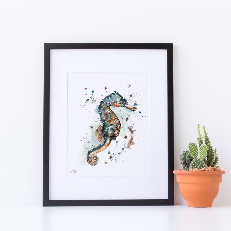 Seahorse Water colour A4 Mounted print with 14 x 11" Mount (Frame not included) By Meg Hawkins