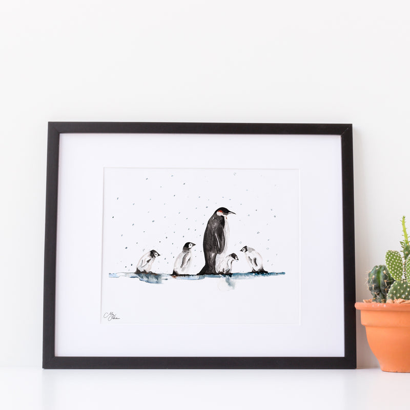Penguin Family Water colour A4 Mounted print with 14 x 11" Mount (Frame not included) By Meg Hawkins
