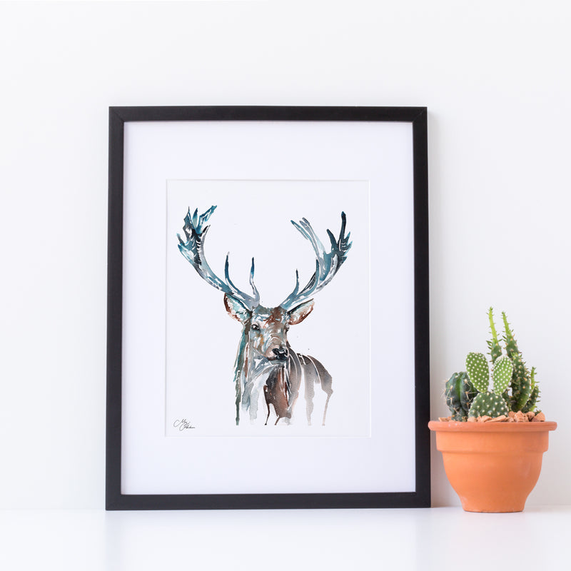 Stag Water colour A4 Mounted print with 14 x 11" Mount (Frame not included) By Meg Hawkins