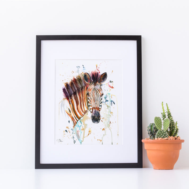 Zebra Water colour A4 Mounted print with 14 x 11" Mount (Frame not included) By Meg Hawkins