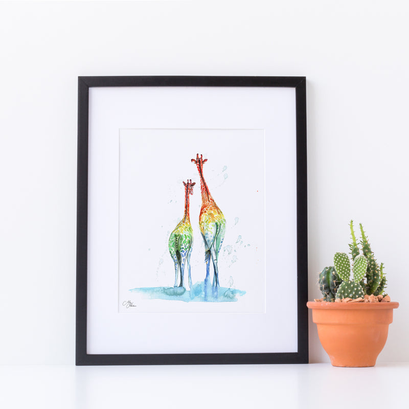 Giraffes Water colour A4 Mounted print with 14 x 11" Mount (Frame not included) By Meg Hawkins