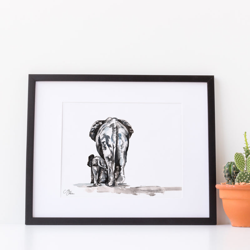 Mum And Baby Elephant A4 Mounted print with 14 x 11" Mount (Frame not included) By Meg Hawkins