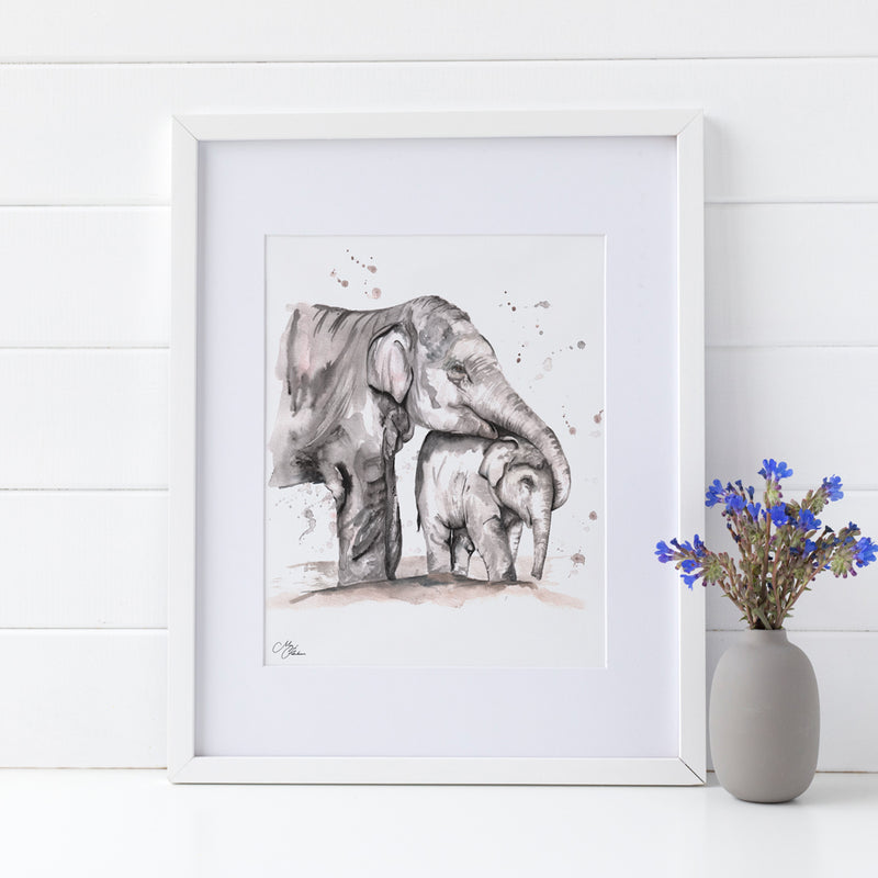 Elephant and Calf Watercolour wall art print